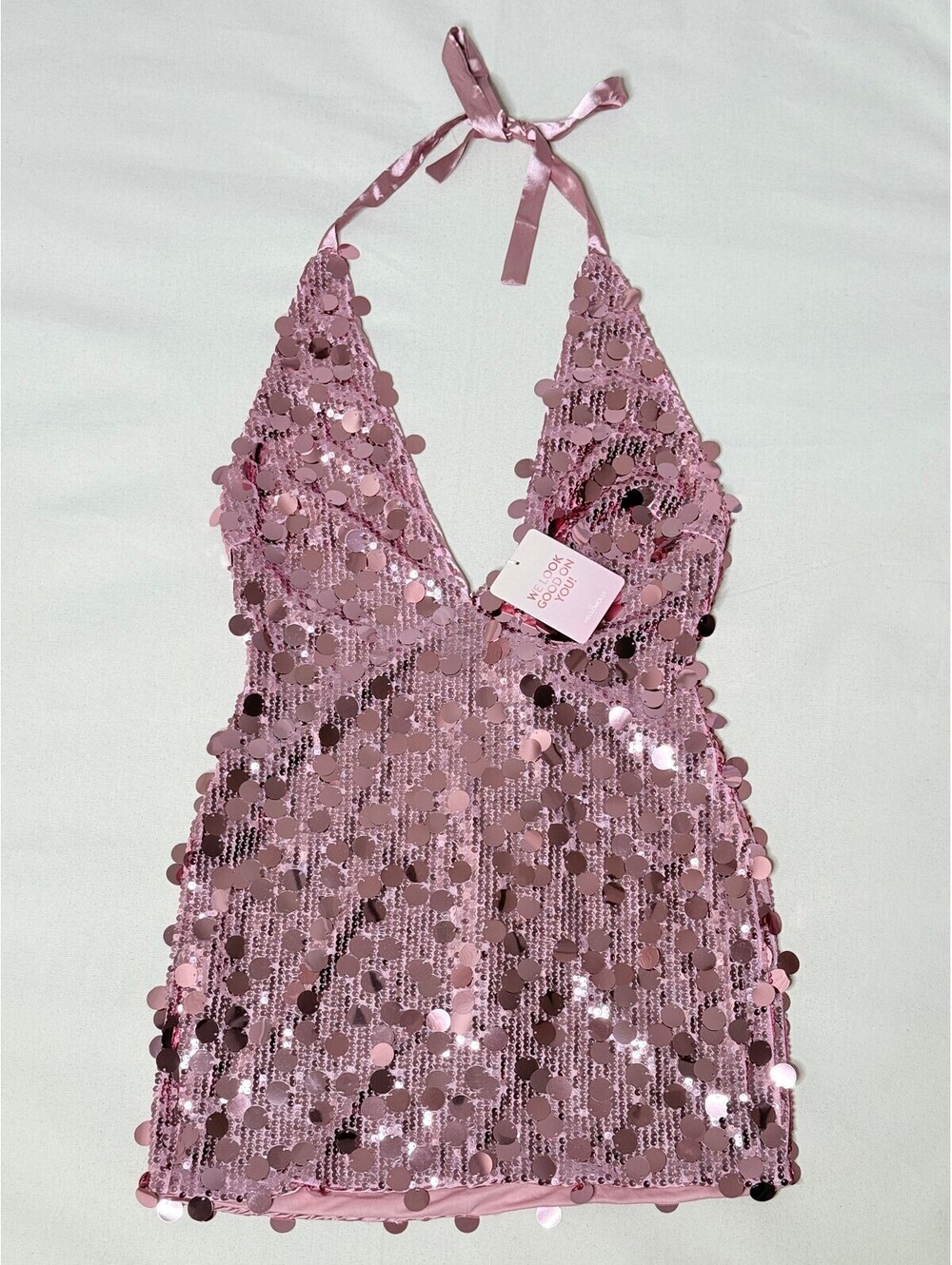 Hello Molly Pink Sequin Paillette Halter Mini Dress M US 6 NWT Backless